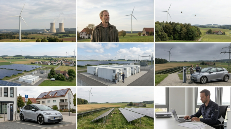 Collage aus neun Bildern zum erneuerbare Energien Faktencheck: Windkraft, Atomkraft, Photovoltaik, Batteriespeicher, E-Auto, Dunkelflaute, Natur und Faktencheck.