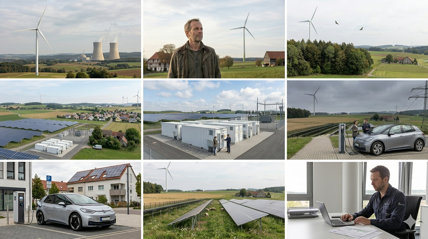 Collage aus neun Bildern zum erneuerbare Energien Faktencheck: Windkraft, Atomkraft, Photovoltaik, Batteriespeicher, E-Auto, Dunkelflaute, Natur und Faktencheck.