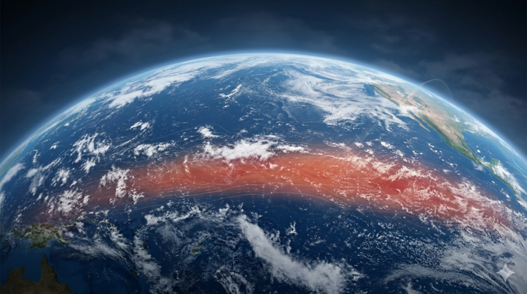 Illustration der Erde über dem Pazifik mit einem warmen rot-orangen Band entlang des Äquators, das El Niño symbolisiert.