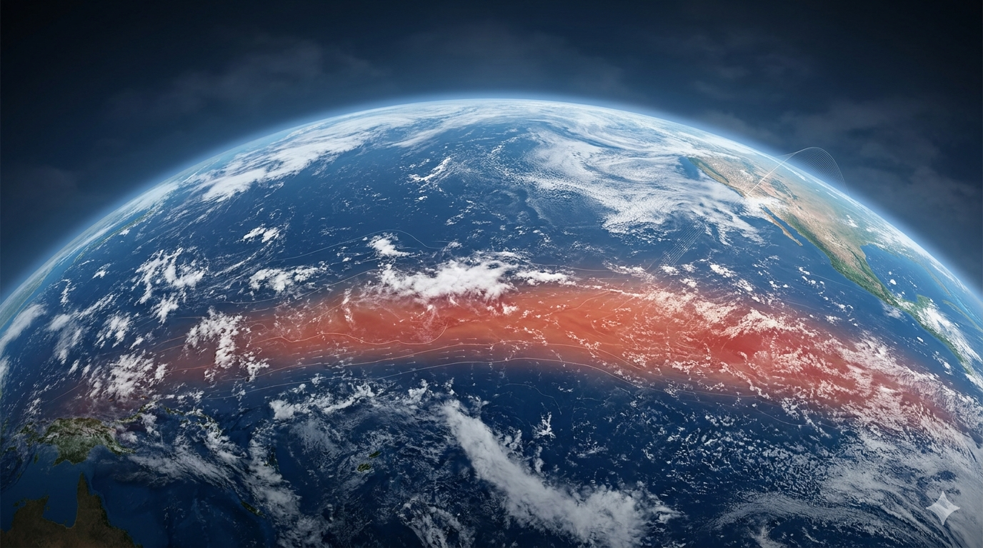 Illustration der Erde über dem Pazifik mit einem warmen rot-orangen Band entlang des Äquators, das El Niño symbolisiert.