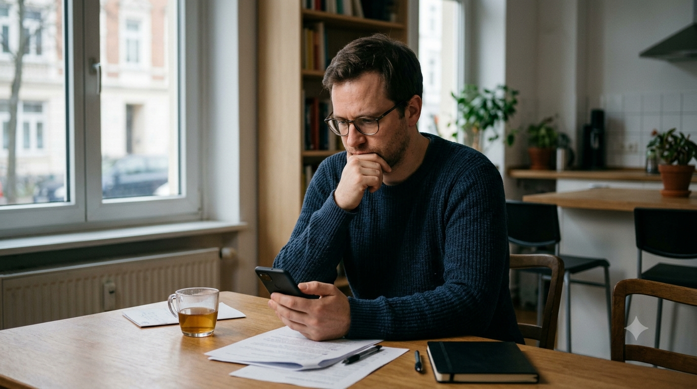 Ein Mann sitzt nachdenklich am Tisch und blickt auf sein Smartphone.