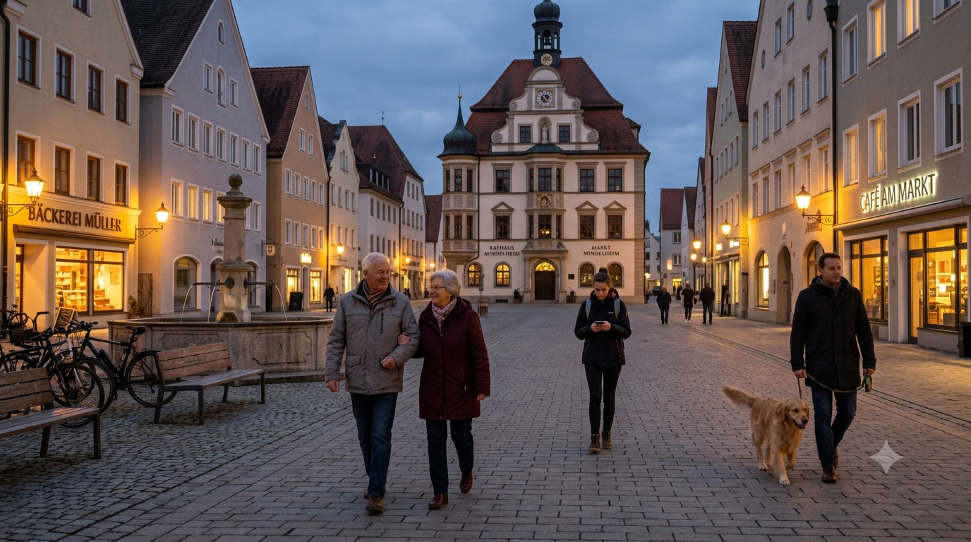 Menschen gehen bei Dämmerung entspannt über einen beleuchteten Marktplatz.