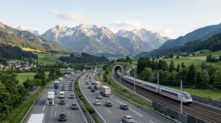 Eine Autobahn und eine Bahnstrecke verlaufen parallel durch ein alpines Tal, ein Zug fährt Richtung Tunnel, daneben dichter Straßenverkehr mit Autos und Lkw.