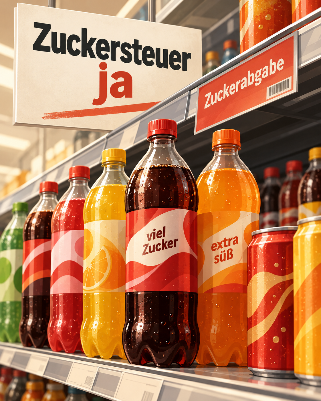 Zuckerhaltige Getränke in einem Supermarktregal mit dem Hinweis „Zuckersteuer ja“ und „Zuckerabgabe“.