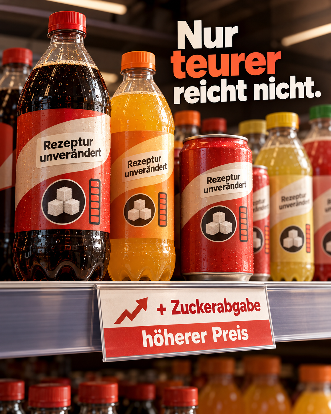 Softdrinks mit dem Hinweis „Rezeptur unverändert“ und einem Preisschild für Zuckerabgabe und höheren Preis.